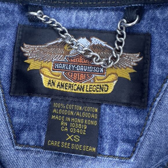 Harley Davidson Grease Monkey Denim Shirt Women’s XS Intentionally Distressed - Picture 3 of 15